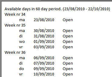 Result of the Free and Open days calendar lookup